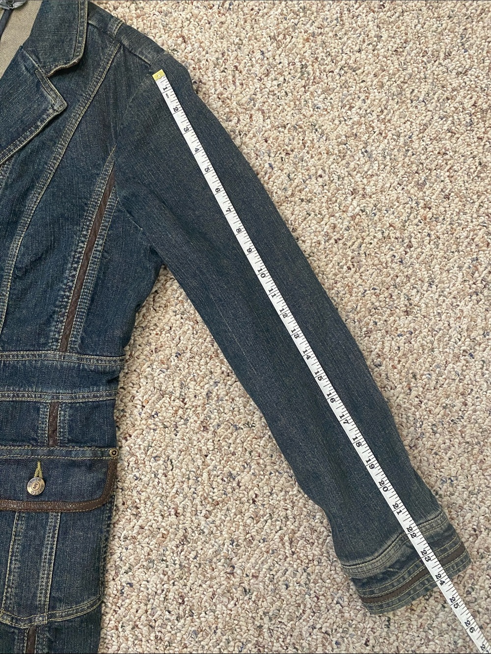MOTTO Dark Blue Distressed Denim Blazer Jacket with Leather Trim Long Line - Picture 8 of 8